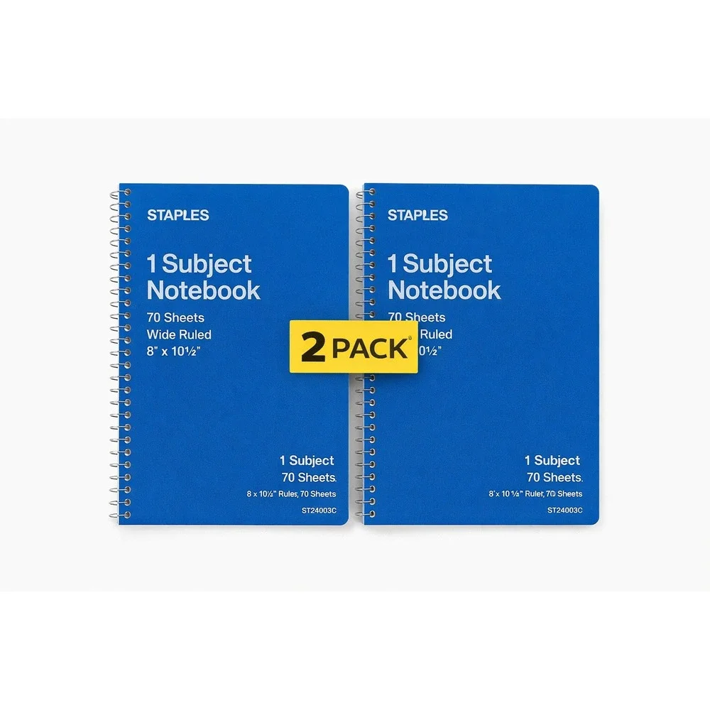2x Staples 1-Subject Notebook Wide Ruled 70‎ Sheets Blue